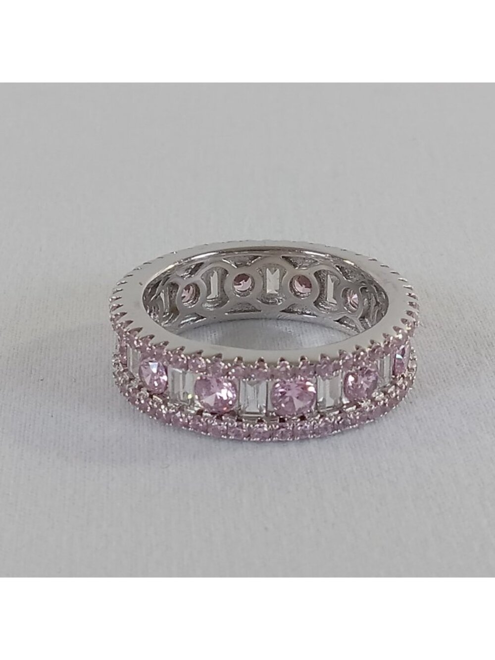 Sterling Silver 925 Pink & Clear CZ Eternity Band Ring SZ 10 Channel Set Bling